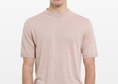 +39MASQ Ανδρικό Ροζ Classic Crew Neck Linen T-Shirt - +39MASQ - 