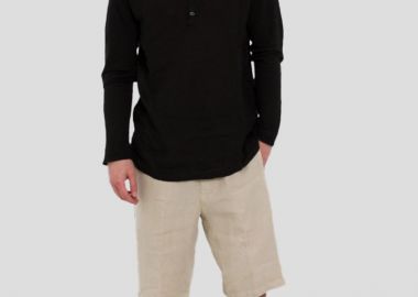 120% LINO Ανδρικό Μαύρο Serafino Regular Fit Linen Shirt - 120% LINO - 