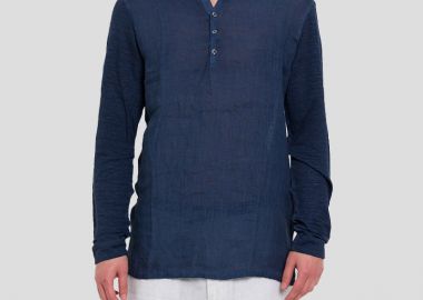 120% LINO Ανδρικό Μπλε Serafino Regular Fit Linen Shirt - 120% LINO - 