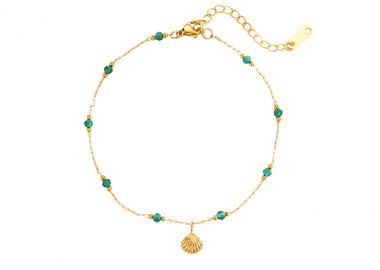 Αλυσίδα ποδιού με πράσινες πέτρες και κοχύλι από ανοξείδωτο ατσάλι σε χρυσή απόχρωση -  - 
