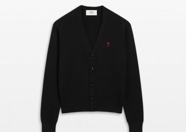 AMI PARIS Ανδρικό Μαύρο Cardigan with Contrasted Ami De Coeur - AMI PARIS - 