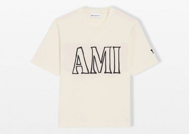 AMI PARIS Ανδρικό Μπεζ Logo Print T-Shirt - AMI PARIS - 