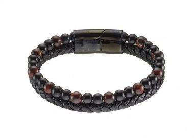 Ανδρικό βραχιόλι από ατσάλι με δέρμα και πέτρες αχάτη -  - 