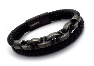 Ανδρικό βραχιόλι με μαύρο δέρμα BA420 - Asimenio - 