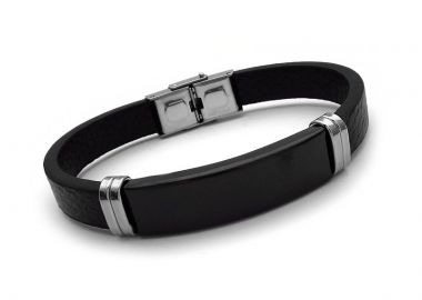 Ανδρικό βραχιόλι με μαύρο δέρμα και ατσάλι BA330 - Asimenio - 