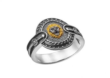 Ανδρικό δαχτυλίδι χειροποίητο από ασήμι 925 με λιοντάρι και επιχρύσωση με Κ24 επιχρύσωση ντουμπλέ -  - 