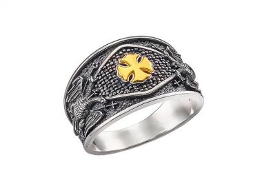 Ανδρικό δαχτυλίδι χειροποίητο από ασήμι 925 με σταυρό και δικέφαλο αετός στο πλάι με ντουμπλέ Κ24 επιχρύσωση -  - 