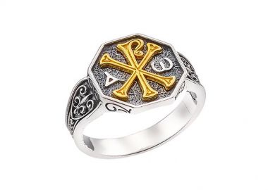 Ανδρικό δαχτυλίδι χειροποίητο από ασήμι 925 με το Χριστόγραμμα και με Κ24 ντουμπλέ επιχρύσωση -  - 