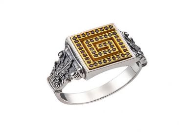 Ανδρικό δαχτυλίδι χειροποίητο από ασήμι 925 με το σύμβολο του Μαίανδρου με πέτρες ζιργκόν σε Κ24 ντουπλέ επιχρύσωση -  - 