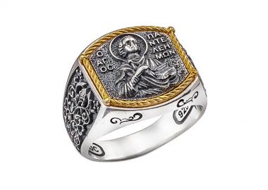 Ανδρικό δαχτυλίδι χειροποίητο από ασήμι 925 με τον Άγιο Παντελεήμωνα σε Κ24 επιχρύσωση ντουμπλέ -  - 