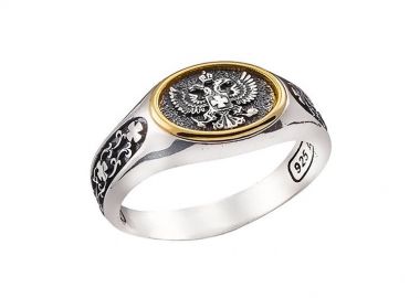 Ανδρικό δαχτυλίδι χειροποίητο από ασήμι 925 με τον δικέφαλο αετό και Κ24 επιχρύσωση ντουμπλέ -  - 