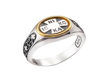 Ανδρικό δαχτυλίδι χειροποίητο από ασήμι 925 με τον Ιησούς Χριστός νικά και ντουμπλέ επιχρύσωση Κ24 -  - 