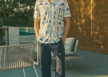 Ανδρικό κοντομάνικο relaxed fit λινό πουκάμισο με τύπωμα - FUNKY BUDDHA - 