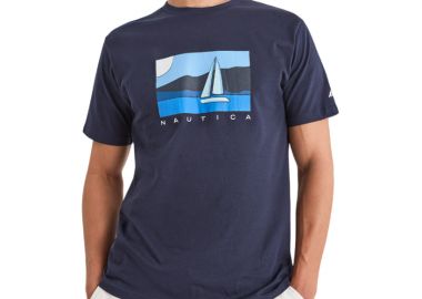ΑΝΔΡΙΚΟ T-SHIRT NAUTICA ΚΟΝΤΟΜΑΝΙΚΟ ΜΕ ΤΥΠΩΜΑ ΣΚΟΥΡΟ ΜΠΛΕ - NAUTICA - 