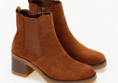 Ankle boots με suede υφή και χοντρό τακούνι - Κάμελ - Issue - 