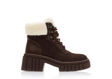 Αρβυλάκια καφέ σουέτ με δερματίνη λεπτομέρειες και γούνα εσωτερικά ΚΑΦΕ - Tsoukalas - 