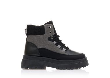 Αρβυλάκια μαύρα δερματίνη με γκρι σουέτ λεπτομέρειες και κορδόνια ΜΑΥΡΟ - Tsoukalas - 