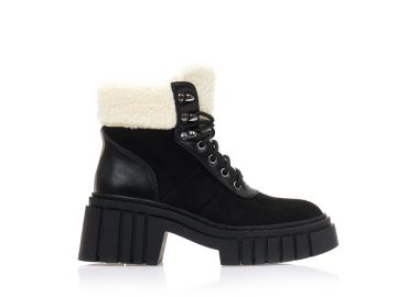 Αρβυλάκια μαύρα σουέτ με δερματίνη λεπτομέρειες και γούνα εσωτερικά ΜΑΥΡΟ - Tsoukalas - 