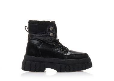 Αρβυλάκια μαύρα υφασμάτινα και δερματίνη με κορδόνια και εσωτερική γούνα ΜΑΥΡΟ - Tsoukalas - 