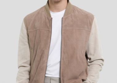ARMA Ανδρικό Καφέ Beige Leather Suede Bomber Jacket - ARMA - 