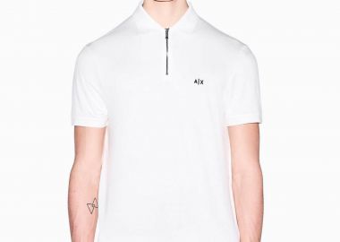 Armani Exchange ανδρική κοντομάνικη μπλούζα πόλο με φερμουάρ και κεντημένο monogram Regular Fit - XM002372AF21936 Λευκό - ARMANI EXCHANGE - 