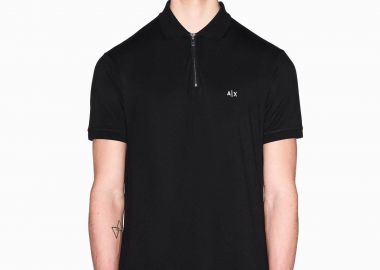Armani Exchange ανδρική κοντομάνικη μπλούζα πόλο με φερμουάρ και κεντημένο monogram Regular Fit - XM002372AF21936 Μαύρο - ARMANI EXCHANGE - 