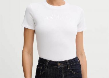 Armani Exchange γυναικείο T-shirt με λογότυπο από παγιέτες Regular Fit - XW002340AF10358 Λευκό - ARMANI EXCHANGE - 