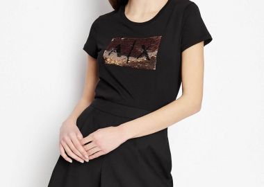 Armani Exchange γυναικείο T-shirt με monogram από παγιέτα Slim Fit - 8NYTDLYJ73Z Μαύρο - ARMANI EXCHANGE - 