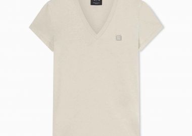 Armani Exchange γυναικείο T-shirt με V και logo patch Slim Fit - XW002292AF10356 Εκρού - ARMANI EXCHANGE - 