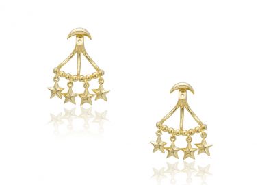 Ασημένια ear jackets σκουλαρίκια με πλούσια κρεμαστά στοιχεία φεγγάρι, αστέρια και μπίλιες επιχρυσωμένα -  - 