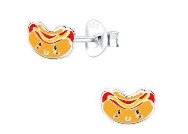 Ασημένια καρφωτά σκουλαρίκια hot dog με χαμογελαστή φάτσα -  - 
