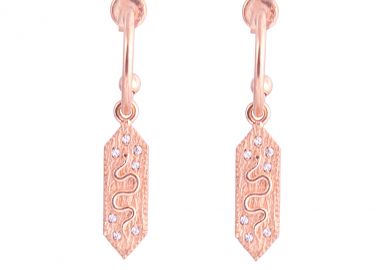 Ασημένια καρφωτά σκουλαρίκια με γεωμετρικό σχέδιο, ιδιαίτερο φίδι και λευκά ζιργκόν επιχρυσωμένα με ροζ χρυσό -  - 