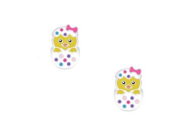 Ασημένια καρφωτά σκουλαρίκια με κοτοπουλάκι μέσα σε πασχαλινό αυγό από σμάλτο -  - 