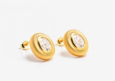 Ασημένια Καρφωτά Σκουλαρίκια με μεγάλο Στρογγυλό Ζιργκόν επιχρυσωμένα -  - 