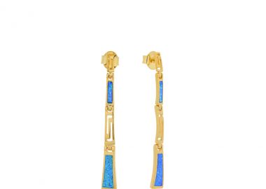 Ασημένια καρφωτά σκουλαρίκια με μπλε οπάλ πέτρα και κρεμαστούς Μαιάνδρους επιχρυσωμένα -  - 