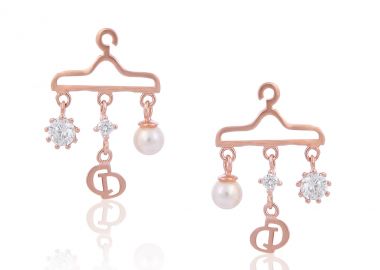 Ασημένια καρφωτά σκουλαρίκια σε σχέδιο κρεμάστρα με πέρλα και λευκό ζιργκόν επιχρυσωμένα με ροζ χρυσό -  - 