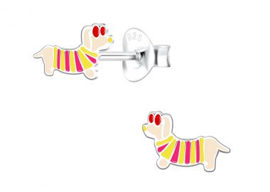 Ασημένια καρφωτά σκουλαρίκια σε σχέδιο μπεζ σκύλου με ριγέ πουλόβερ και γυαλιά -  - 