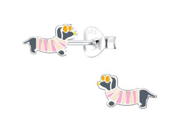Ασημένια καρφωτά σκουλαρίκια σε σχέδιο σκύλου με ριγέ ροζ πουλόβερ και γυαλιά -  - 