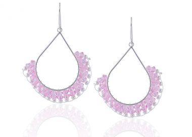 Ασημένια κρεμαστά σκουλαρίκια με δύο στρώσεις από ροζ κρύσταλλα και ασημένιες μπίλιες -  - 