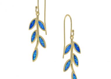 Ασημένια κρεμαστά σκουλαρίκια με κλαδί ελιάς και μπλε οπάλ φύλλα επιχρυσωμένα -  - 