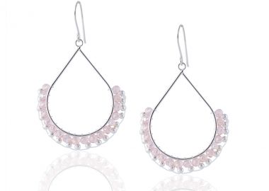 Ασημένια Κρεμαστά Σκουλαρίκια σε οβάλ σχήμα με Ροζ και Ασημένιες Μπίλιες -  - 