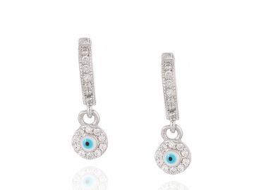 Ασημένια κρικάκια σκουλαρίκια με κρεμαστό ματάκι γαλάζιο και λευκά ζιργκόν περιμετρικά -  - 