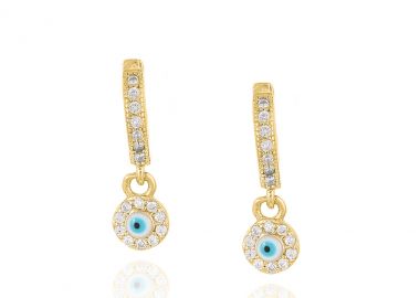 Ασημένια κρικάκια σκουλαρίκια με κρεμαστό ματάκι γαλάζιο και λευκά ζιργκόν περιμετρικά επιχρυσωμένα -  - 