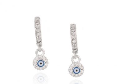 Ασημένια κρικάκια σκουλαρίκια με κρεμαστό ματάκι μπλε και λευκά ζιργκόν περιμετρικά -  - 