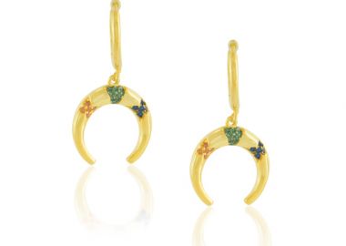 Ασημένια σκουλαρίκια κρίκοι με κρεμαστό κέρατο και διακοσμημένα με πολύχρωμα ζιργκόν επιχρυσωμένα -  - 