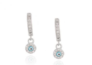 Ασημένια σκουλαρίκια κρίκοι με ματάκι και λευκά ζιργκόν -  - 