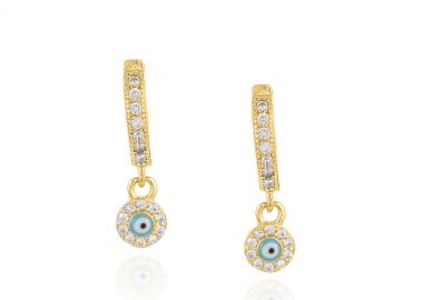 Ασημένια σκουλαρίκια κρίκοι με ματάκι και λευκά ζιργκόν επιχρυσωμένα -  - 