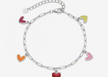 Ασημένιο Βραχιόλι με πολύχρωμες Κρεμαστές Καρδιές από Σμάλτο -  - 