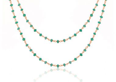 Ασημένιο διπλό κολιέ ροζάριο με πράσινες jade πέτρες επιχρυσωμένο με ροζ χρυσό -  - 