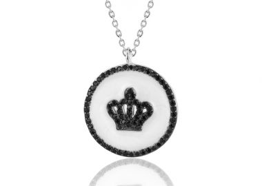 Ασημένιο κολιέ φλουρί με κορώνα, διακοσμημένη με μαύρα ζιργκόν -  - 